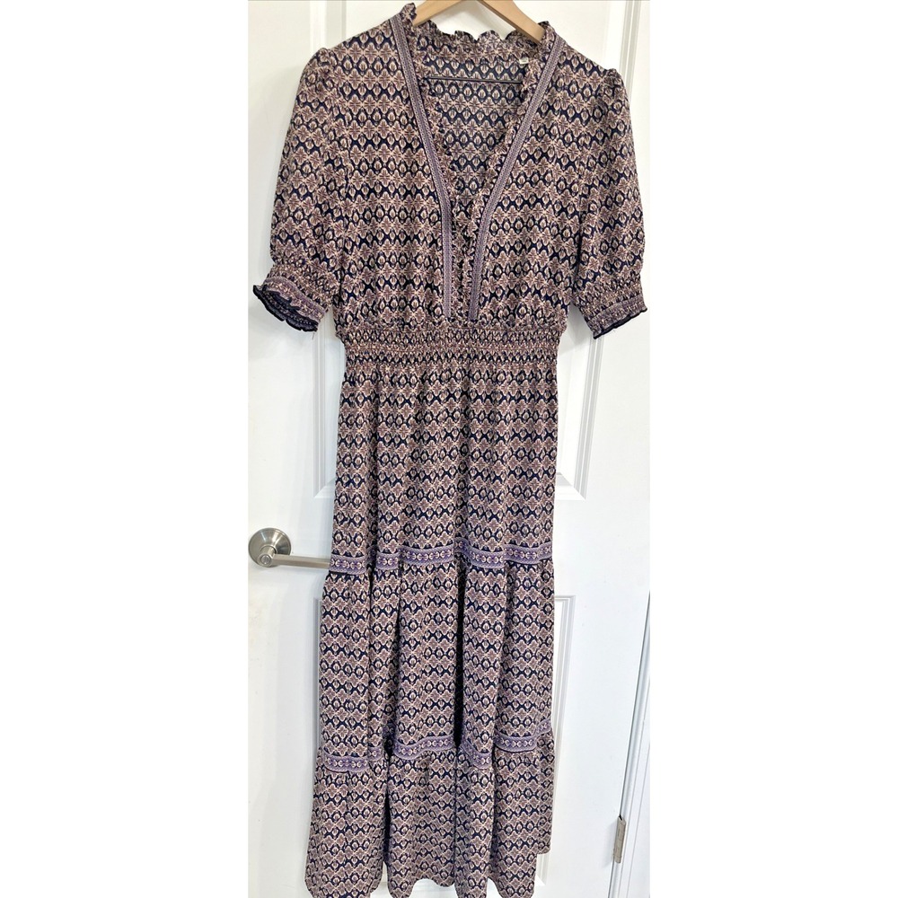 Max Studio Size Medium Floral Smocked Tiered Maxi Dress Blue Prairie Cottage